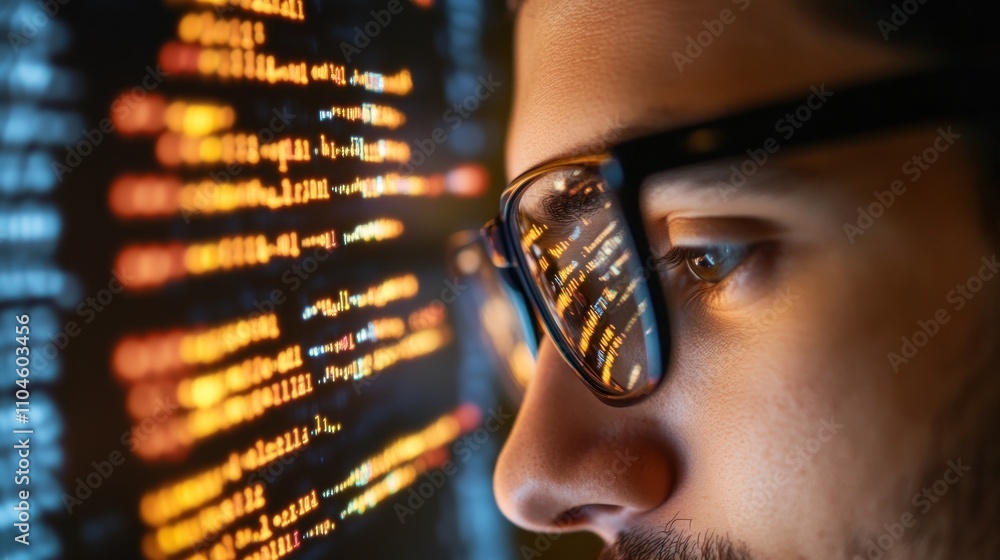 Poster a close-up of a person with glasses, focused on a screen displaying data or code.