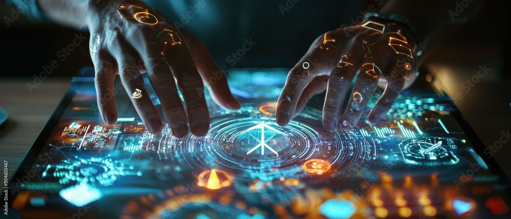 Aufkleber hands engaged with ar device displaying renewable energy icons in innovative tech workspace