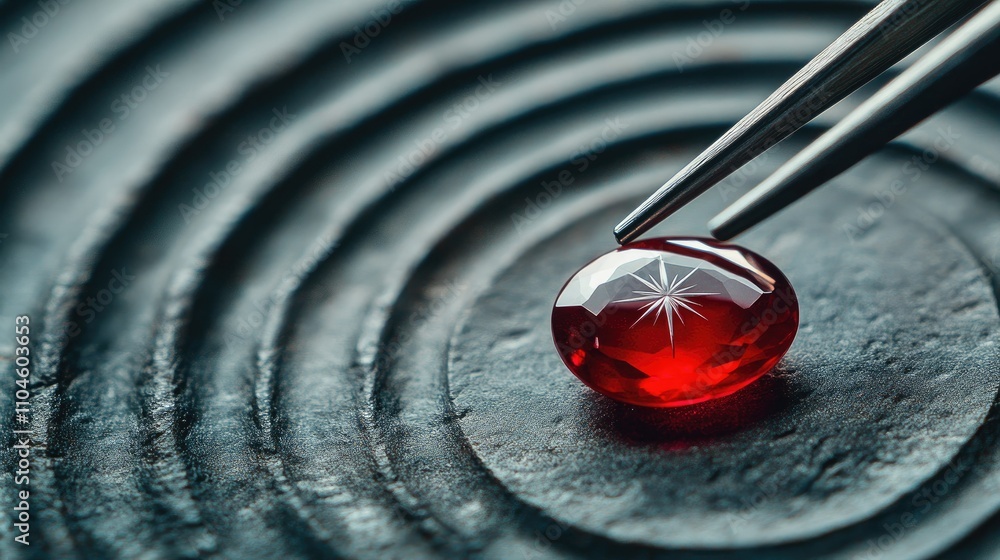 Poster close-up of a red gemstone on a textured background with precision