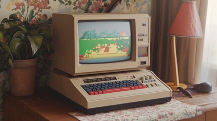 A vintage computer setup with a colorful screen in a cozy room.