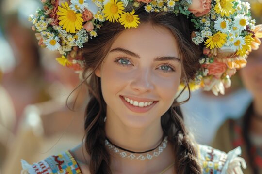 Joyful Young Woman at Slavic Folk Festival with Floral Wreath Celebrating Marde to Saint John