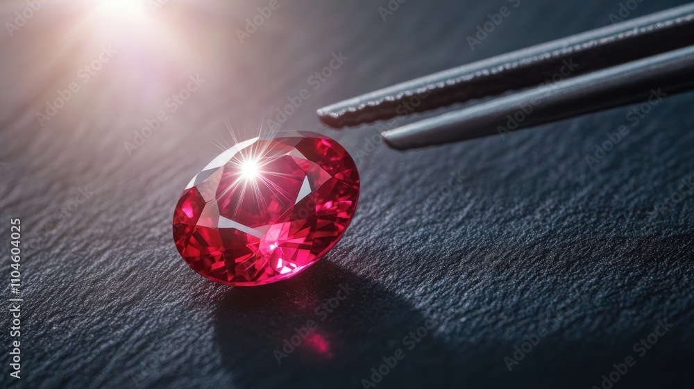 Poster brilliant red ruby gemstone on dark background with reflection