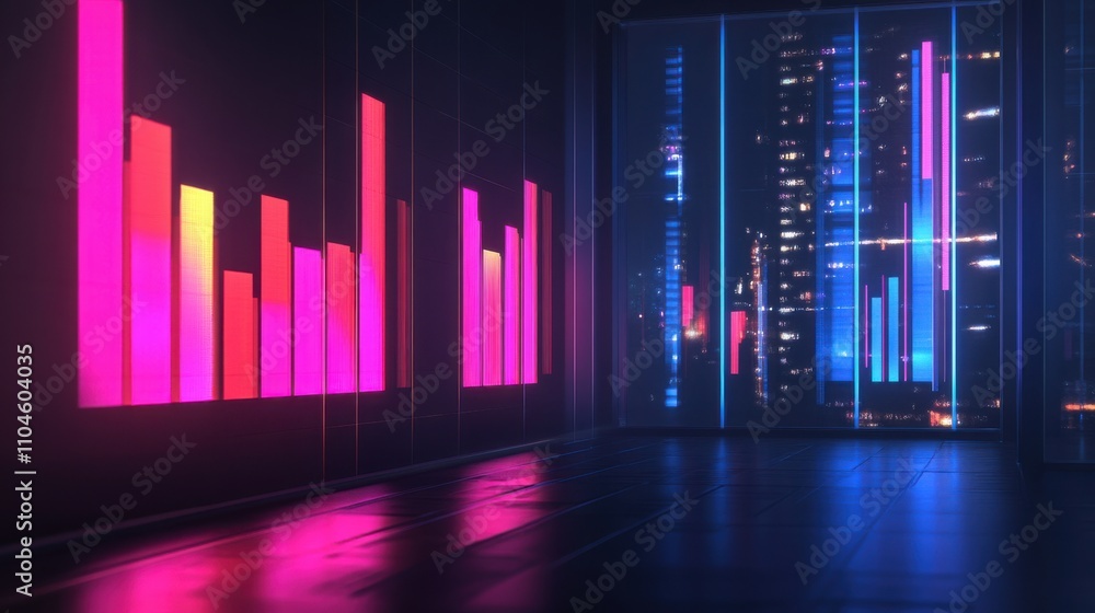 Poster neon bar graphs visualizing data in futuristic urban setting