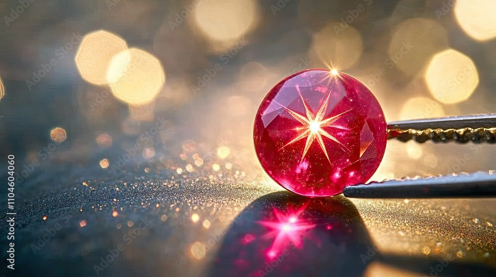 Poster bright ruby gemstone with sparkling reflection on elegant surface