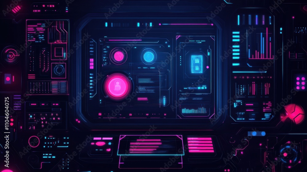 Poster futuristic digital interface with neon elements and data visualization
