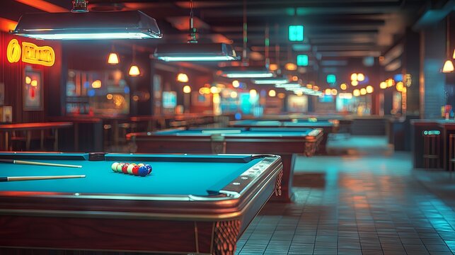 Pool Hall with Tables and Soft Lighting at Night
