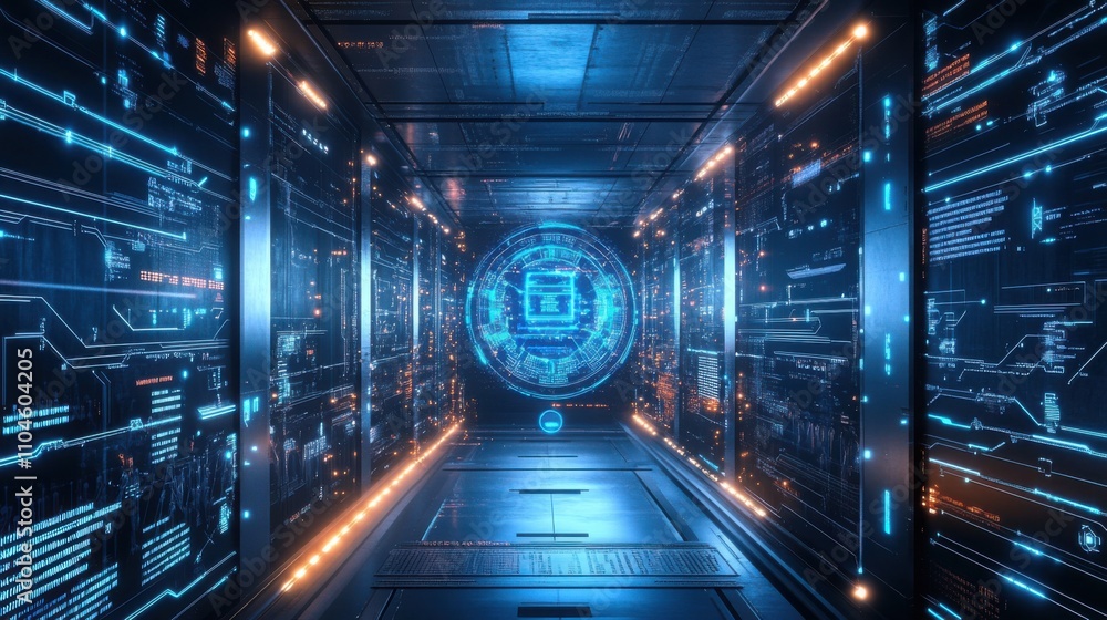Poster futuristic data center with high-tech interface and digital patterns