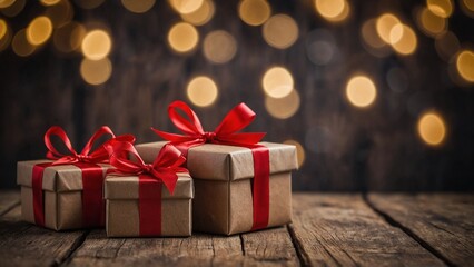 Three gift boxes with brown kraft paper wrapping and red ribbon bows on a rustic wood board mockup surface with bokeh background