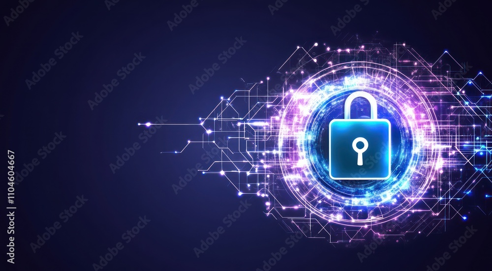 Poster a digital lock symbolizing cybersecurity amidst a network of glowing connections.