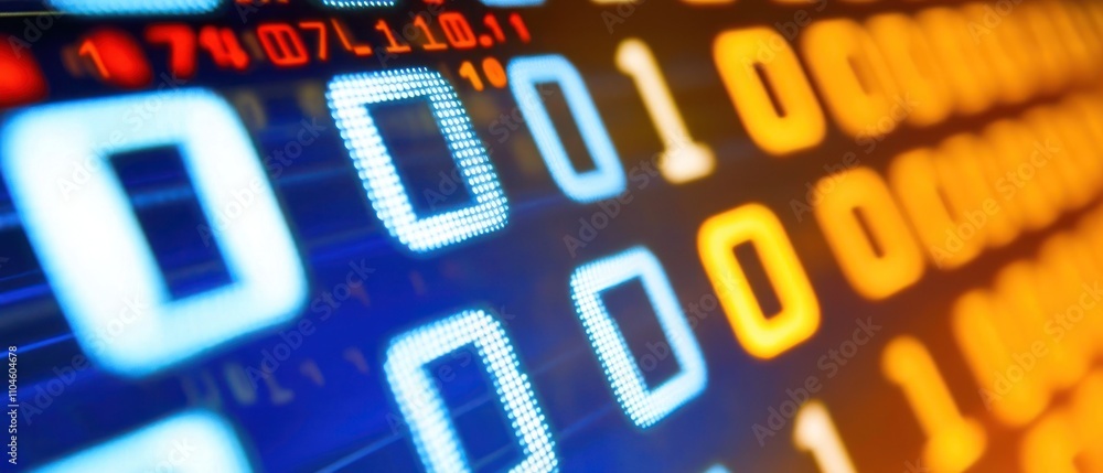 Poster abstract digital representation of binary code in blue and orange hues.