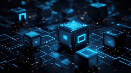 Futuristic Neon Cubes with Digital Circuitry in Abstract Space