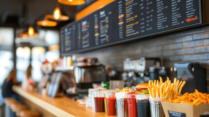 A vibrant fast-food counter with drinks, fries, and a menu overhead.