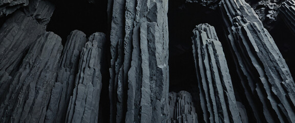 close-up of basalt columns formed in the ceiling of a lava cave