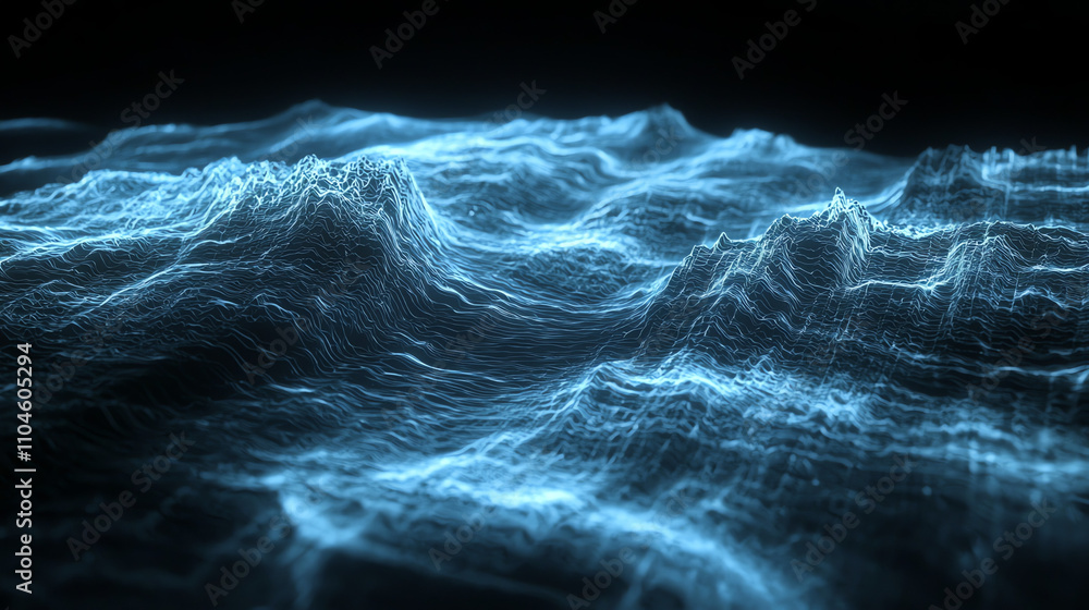 Poster glowing ocean wave patterns creating an ethereal landscape at night