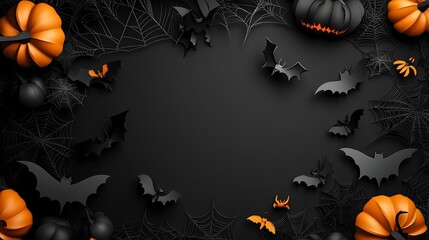 Spooky Halloween Background with Pumpkins, Bats, and Spiderwebs
