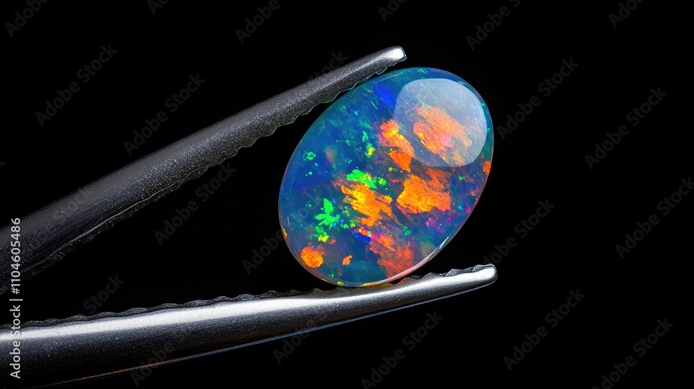 Poster colorful opal gemstone displayed with precision tool in dark background