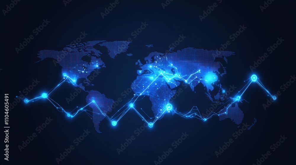 Poster Digital World Map with Data Connections and Network Visualization