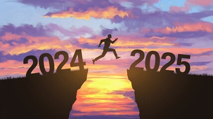 New year 2025, sunset, landscape, sky, clouds, silhouette, cliff, chasm, gap, leap, runner, 2024, 2025, transition, progress, growth, adventure, challenge, achievement, destiny, future, resolution, op