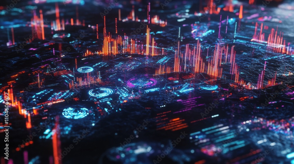 Poster futuristic data visualization with neon colors and 3d elements