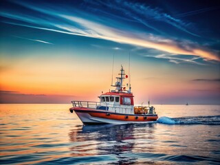 Fototapeta premium Colorful Coast Guard Boat at Sea - Minimalist Photography of Rescue Mission with Siren On, Coastal Scene, Lifesaving Vessel, Maritime Safety, Emergency Response, Serenity, Calm Waters