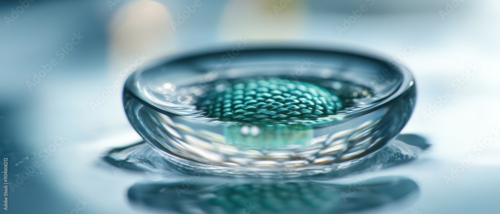 Poster a close-up of a glass object with a textured surface, reflecting light and colors.