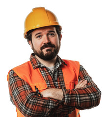 Worker in safety gear posing with confidence, cut out - stock png.