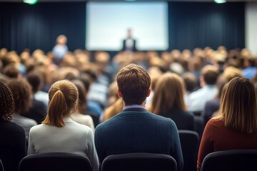 Business Presentation in Conference Room with Audience Watching Speaker in Professional Setting