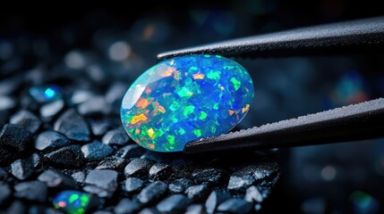 Naklejka premium Vibrant Blue and Green Opal Gemstone on Dark Textured Background