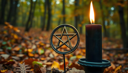 Pentagram amulet and black candle in autumn forest, natural background. Magic esoteric witches ritual. Mysticism, divination, wicca, occultism, witchcraft concept. Samhain sabbat isolated with white