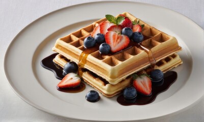 Fluffy waffle garnished with ripe strawberries and blueberries. Drizzled with berry sauce and whipped cream, creating a delightful presentation ideal for showcasing breakfast culture.