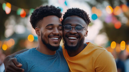 Two smiling men embrace joyfully at festive outdoor gathering, surrounded by colorful lights and cheerful atmosphere.