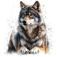 Fototapeta premium Majestic Gray Wolf with Amber Eyes, Watercolor Style Illustration.