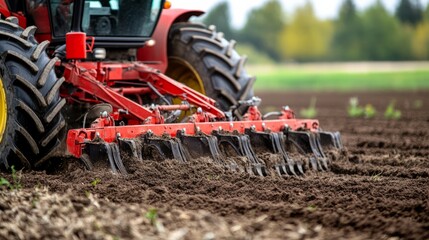 Close-up of a modern plow attached to a tractor, turning over the soil in a farmland