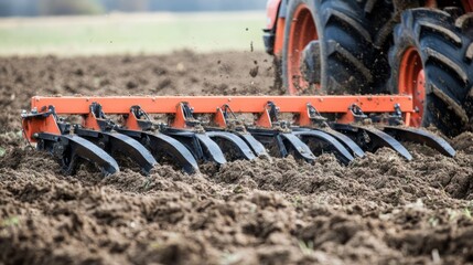 Close-up of a modern plow attached to a tractor, turning over the soil in a farmland