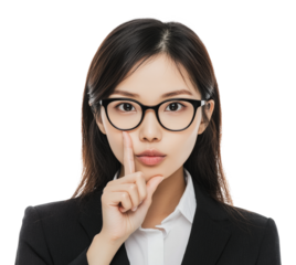 Woman in glasses making a shushing gesture, cut out - stock png.