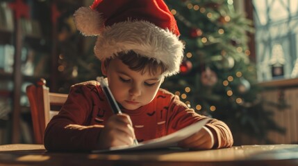 A young boy in a santa hat is writing on a piece of paper during the christmas season, creating a festive atmosphere with a lit christmas tree in the background.