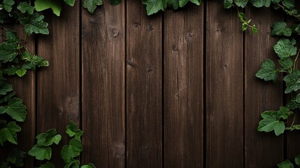 Lush green ivy vines frame dark brown wooden planks, creating a natural border.