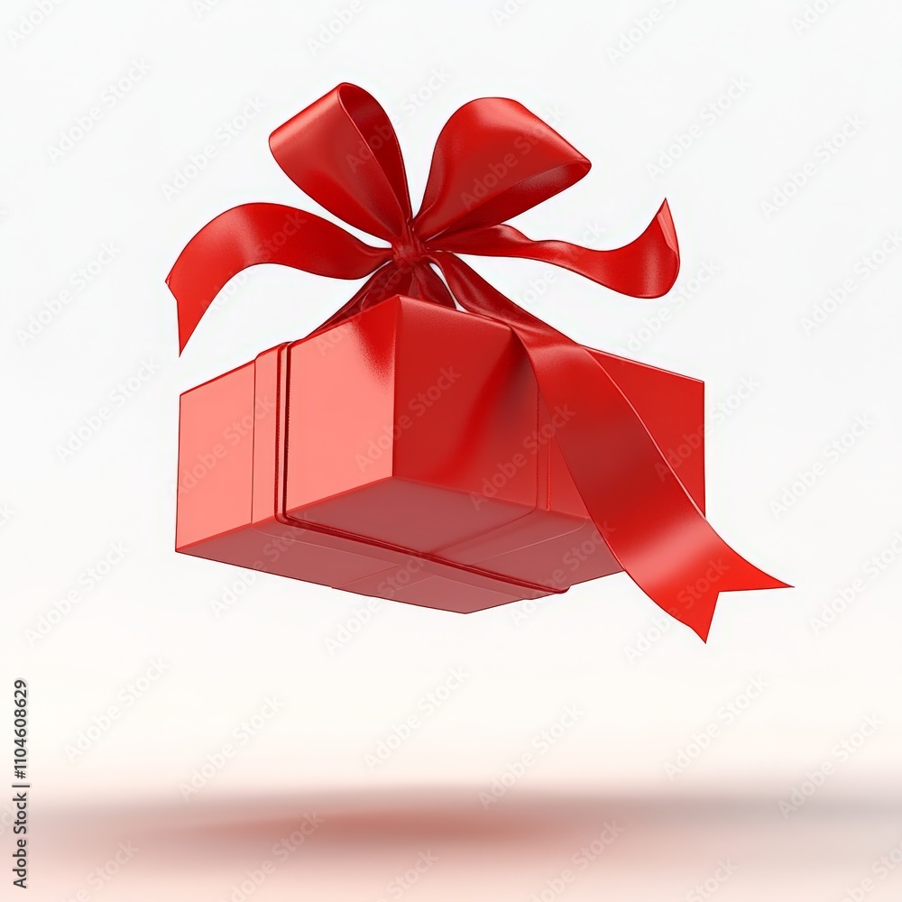 Poster floating red gift box with ribbon on white background minimal 3d render