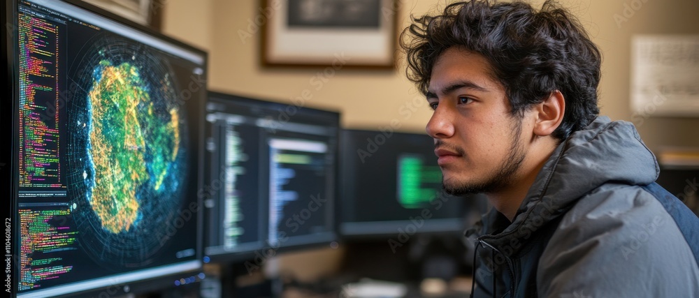Poster a young man analyzes data on multiple computer screens in a tech-focused environment.