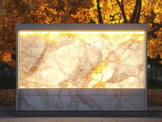 Marble wall in modern building with fall leaves and golden autumnal beam of light shining on it.