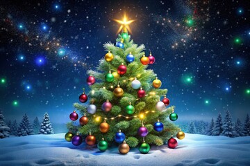 Obraz premium Christmas Snowscape Greeting Card AI Photo - Starry Tree, Falling Snow