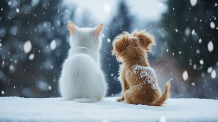 A little white Neva Siberian cat and a yellow Yorkshire puppy cuddling close together, watching the snow fall. The adorable pair are shown from the back, capturing a heartwarming winter moment
