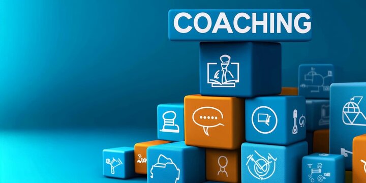 3D Render of Coaching Concepts with Icons on Colorful Cubes on Blue Background