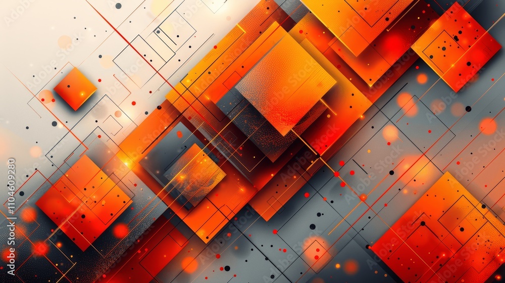 Poster bright orange geometric shapes background with triangles and squares