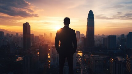 Man in a suit stands on a rooftop looking out over a city at sunset. Concept of solitude and contemplation, as the man is alone in the cityscape. The sunset adds a warm