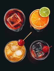Four different colored drinks with a cherry on top. The drinks are in glasses and the cherry is on the side of the glass