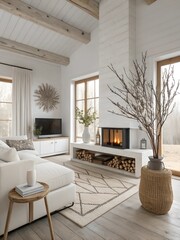 Scandinavian-style living room with white furniture, wooden accents, a fireplace, and decorative branches in a vase.