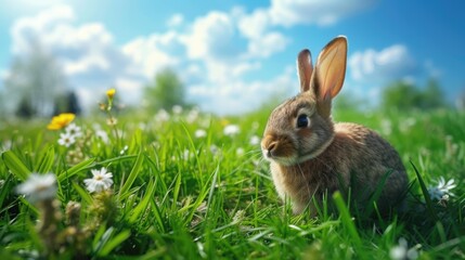 Naklejka premium Rabbit is sitting in a field of grass. The sky is blue and there are some clouds in the background. The rabbit is looking at the camera