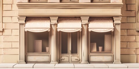 Building with a window display and awnings. The building is old and has a classic look