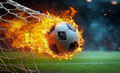 Blazing Soccer Ball Scores Burning Goal Through Fiery Net with Intense Stadium Backdrop